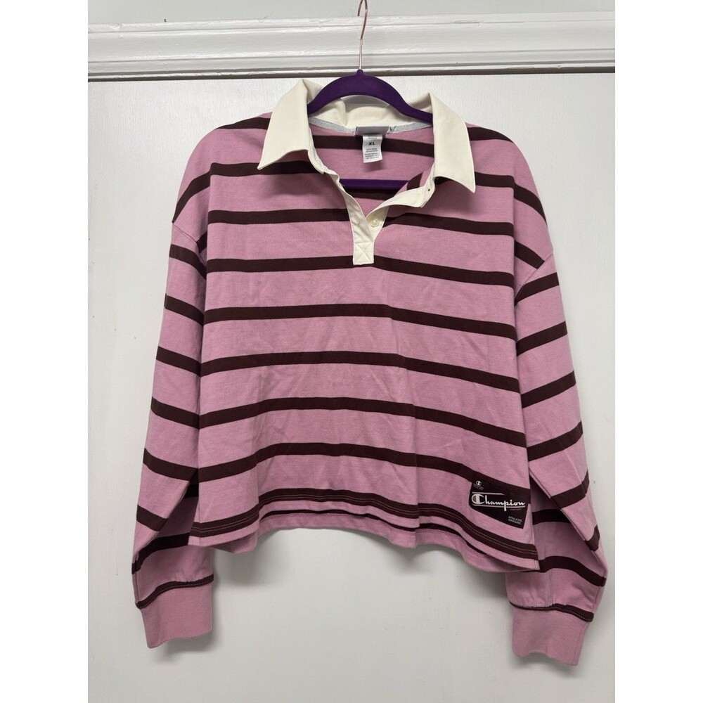 Champion Rugby Cropped Long Sleeve Pink Striped Polo Shirt XL Athletic Sport